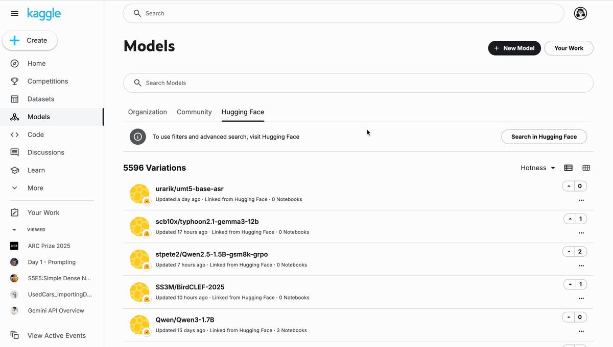 Browsing Hugging Face models on Kaggle