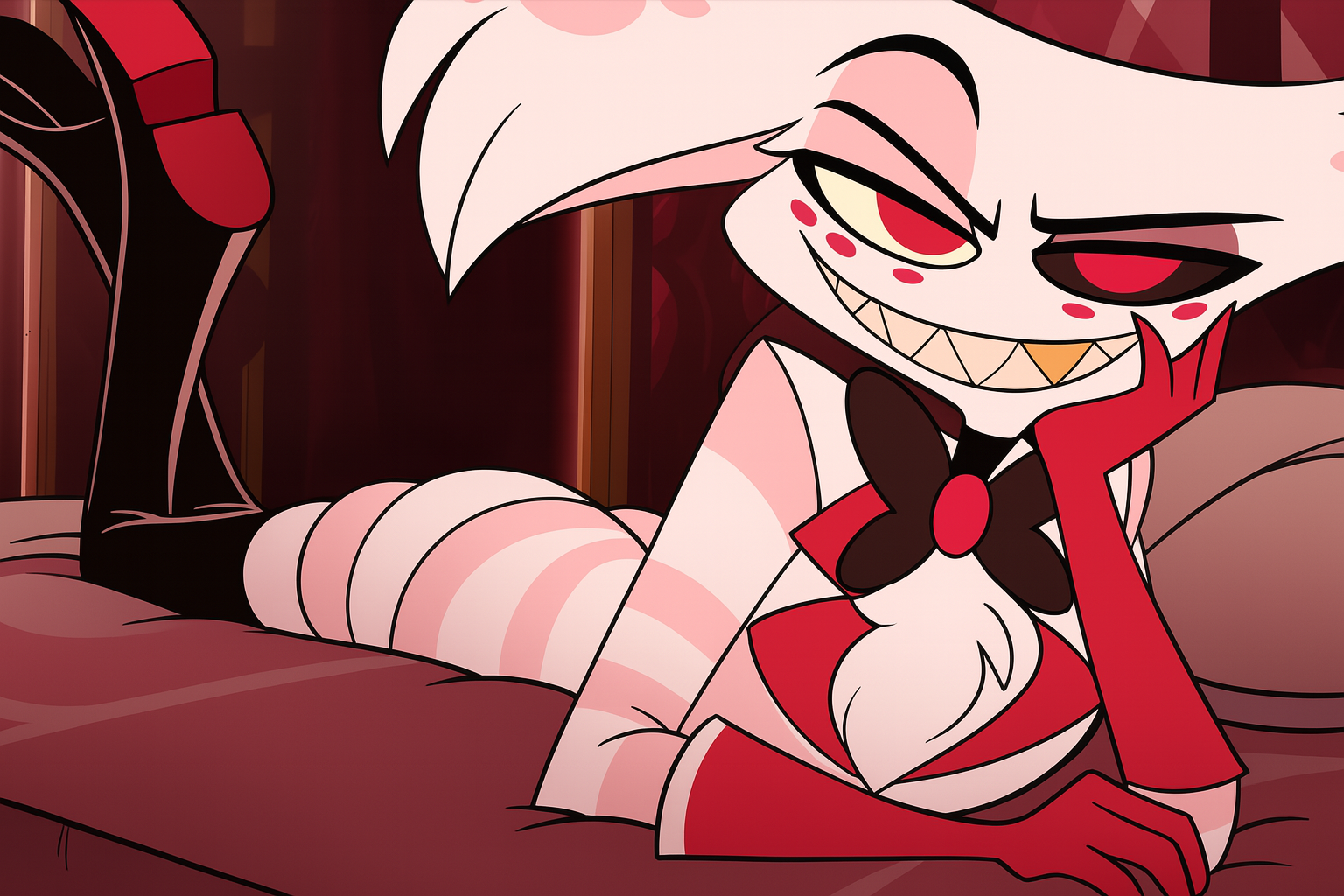 Very cursed generation of Angel Dust laying on a bed, staring at the camera smirking. Generated with Kiwimix-XL v3 + an Angel Dust lora, refined with GPT-image-1